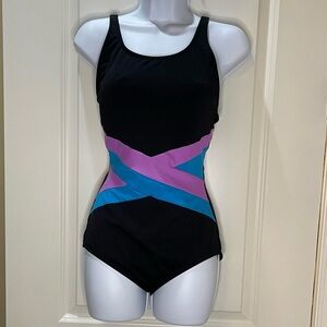 Gabar Elegant Black One-Piece Swimsuit with Pink and Blue Crisscross Size 10C